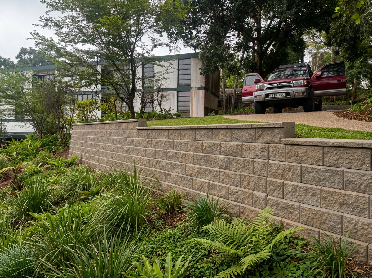 Reinforced retaining wall built into a tropical hillside